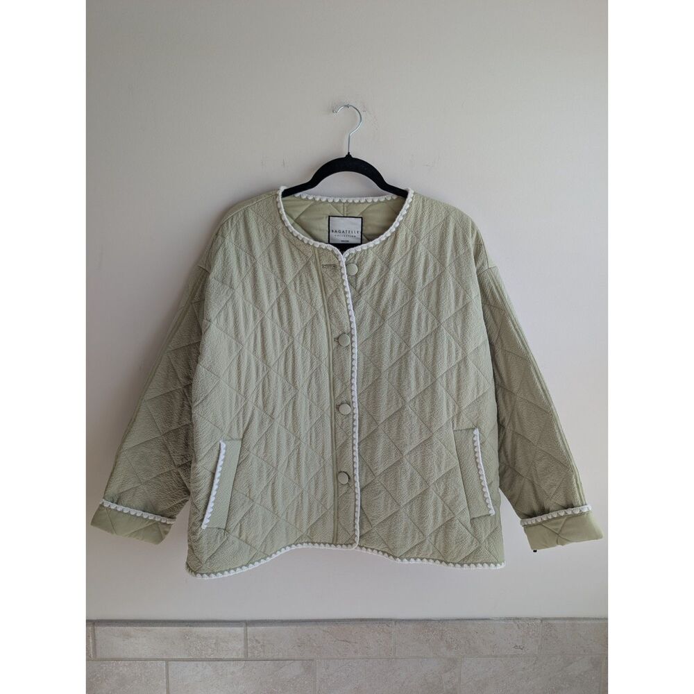 Bagatelle Collection Women XL Sage Green Quilted Jacket Crochet Trim Cottagecore